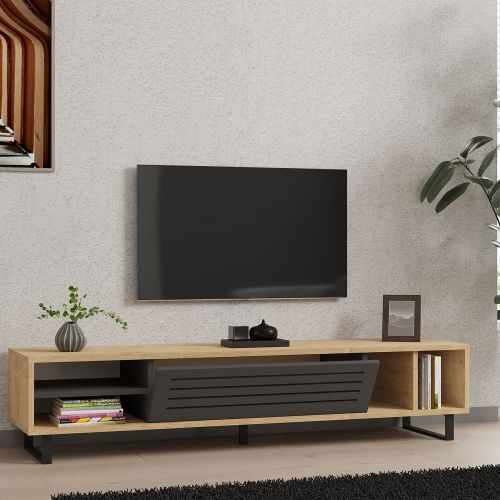 Mobile Porta tv Nero Antracite Marrone Rovere un Ripiano Un'anta 160x40x35h cm, 5 Vani - Sovico