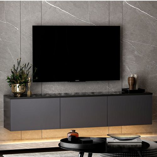 Mobile Porta tv Nero Antracite Nero Marmo Luci led Incluse 3 Ante 160x32x35h cm, Apertura a Ribalta - Marazzi