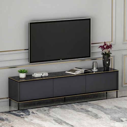Mobile Porta tv Nero Antracite oro 3 Ante Ripiano Effetto Marmo 180x35x45h cm, 3 Vani - Vicchio
