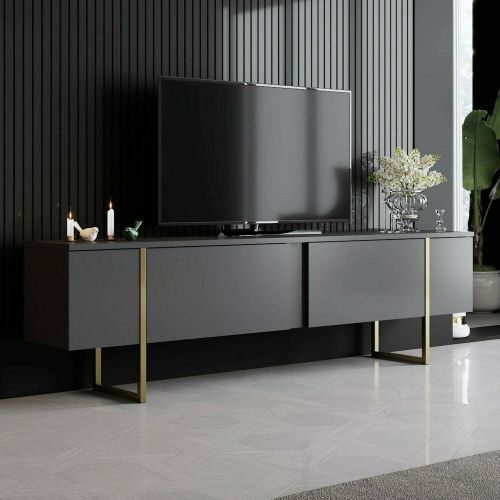 Mobile Porta tv Nero Antracite oro Cassetti un Ripiano 180x30x50h cm, 2 Ante - Abishia