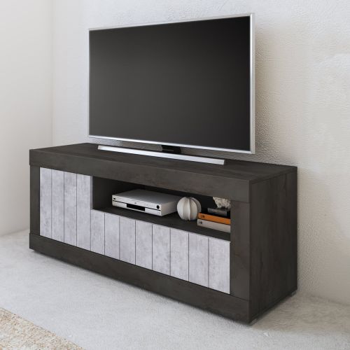 Mobile Porta tv Nero Grigio Cemento Cassetti Ripiani 137x42x56h cm, 3 Ante - Lucino