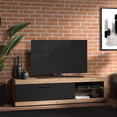 Mobile Porta tv Nero Marrone Rovere Nodi 2 Ripiani Un'anta 162x41.5x43.5h cm, Ripiano in Vetro - Pompu