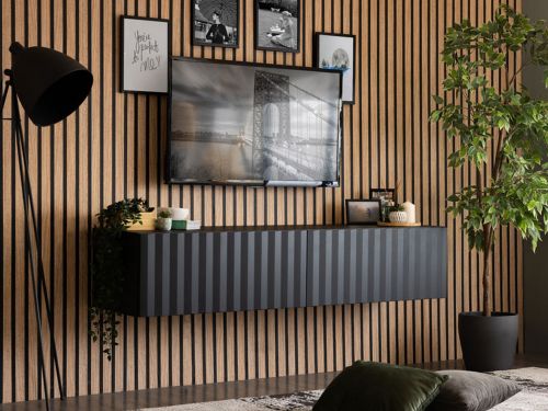 Mobile Porta tv Nero Nero Antracite un Ripiano 2 Ante 154x42x32h cm, 2 Vani - Maderno
