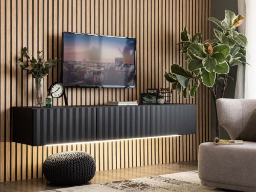 Mobile Porta tv Nero Nero Antracite un Ripiano 3 Ante 192x42x32h cm, 3 Vani - Fossa