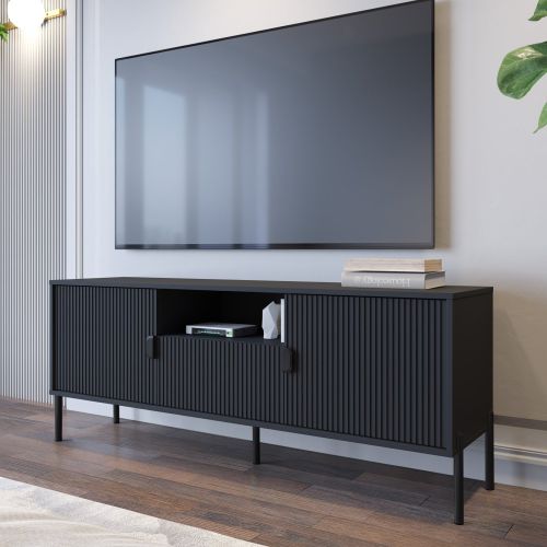 Mobile Porta tv Nero un Cassetto Ripiani 155x40x69h cm, 2 Ante - Rabattone