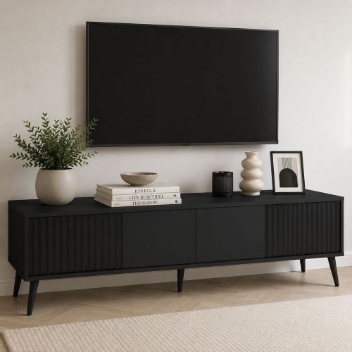 Mobile Porta tv Nero un Ripiano 2 Ante 180x40x48h cm, con Piedini - Lilelora