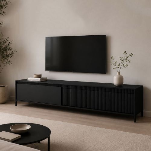 Mobile Porta tv Nero un Ripiano 2 Ante 187x40x53h cm, Ante Effetto Rigato - Kami