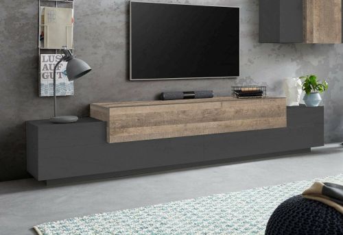 Mobile porta TV Nico, Credenza bassa da soggiorno, Base porta TV, 100% Made in Italy, cm 240x45h52, Antracite e Acero