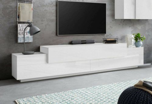 Mobile porta TV Nico, Credenza bassa da soggiorno, Base porta TV, 100% Made in Italy, cm 240x45h52, Bianco lucido