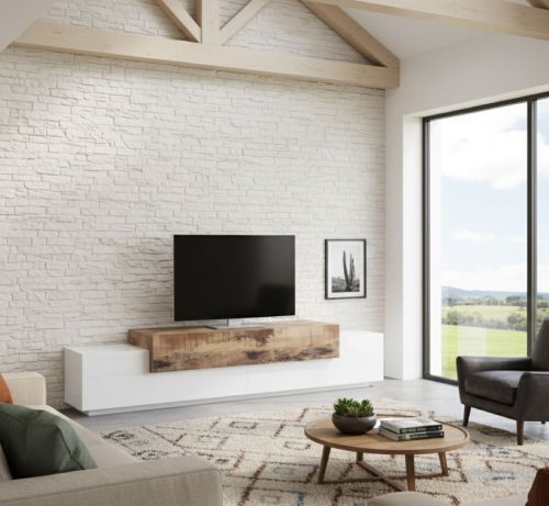 Mobile porta TV Nico, Credenza bassa da soggiorno, Base porta TV, 100% Made in Italy, cm 240x45h52, Bianco lucido e Acero