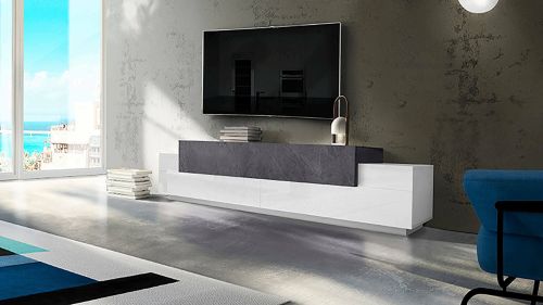 Mobile porta TV Nico, Credenza bassa da soggiorno, Base porta TV, 100% Made in Italy, cm 240x45h52, Bianco lucido e Ardesia