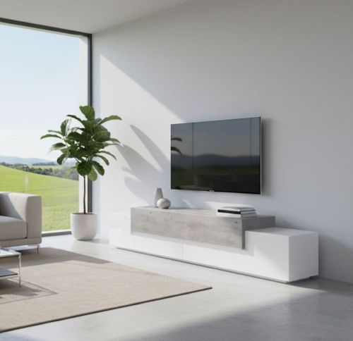Mobile porta TV Nico, Credenza bassa da soggiorno, Base porta TV, 100% Made in Italy, cm 240x45h52, Bianco lucido e Cemento