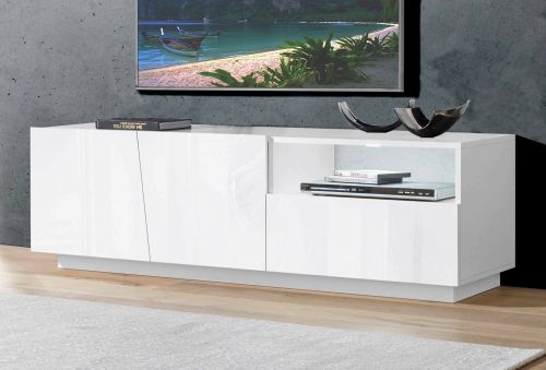Mobile porta TV Nino, Credenza bassa da soggiorno a 2 ante, Base porta TV, 100% Made in Italy, cm 150x43h46, Bianco lucido