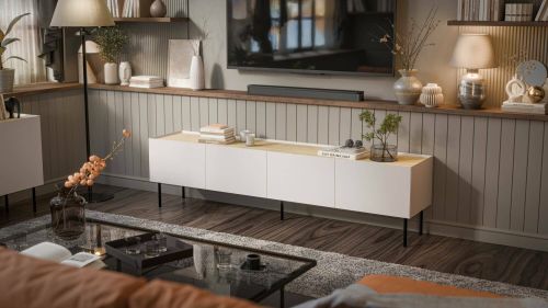 Mobile porta TV Novas, Madia da salotto con quattro ante battenti e quattro vani interni, Rialzato da terra, 200x40 h52 cm, Beige e Rovere