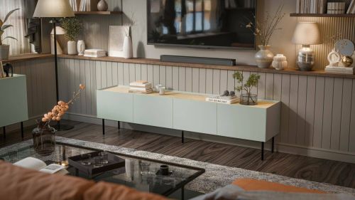Mobile porta TV Novas, Madia da salotto con quattro ante battenti e quattro vani interni, Rialzato da terra, 200x40 h52 cm, Verde e Rovere