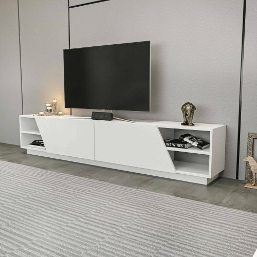 Mobile porta TV Nyx, Supporto per televisione da salotto, Credenza bassa da soggiorno, Base porta TV, 240x37h47 cm, Bianco
