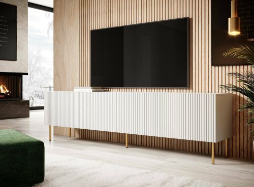 Mobile porta TV Ovar, Madia da salotto con quattro ante battenti, Rialzato da terra, 200x42 h52 cm, Bianco