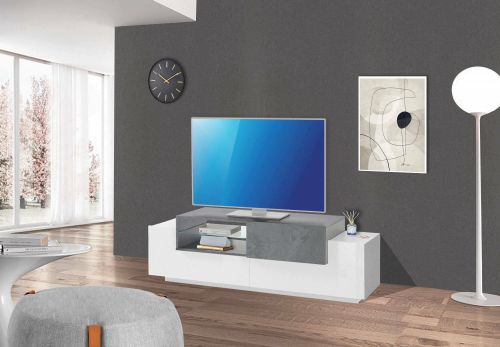 Mobile porta TV Pablo, Credenza bassa da soggiorno, Base porta TV, 100% Made in Italy, cm 160x45h51, Bianco lucido e Ardesia