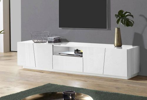 Mobile porta TV Paul, Credenza bassa da soggiorno, Base porta TV, 100% Made in Italy, cm 220x43h46, Bianco lucido