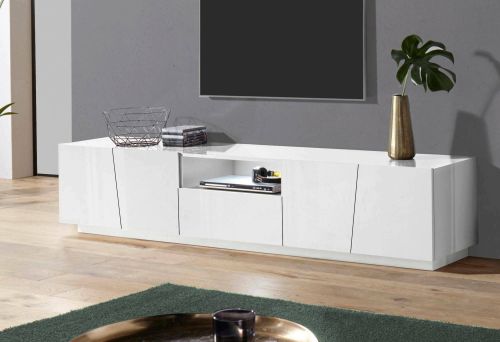Mobile porta TV Paul, Credenza bassa da soggiorno, Base porta TV, 100% Made in Italy, cm 220x43h46, Bianco lucido, con luce LED