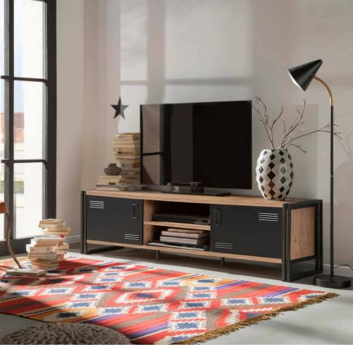 Mobile porta TV Polaris, Supporto per televisione da salotto, Credenza bassa da soggiorno, Base porta TV, Quercia e Nero, 180x45h50 cm