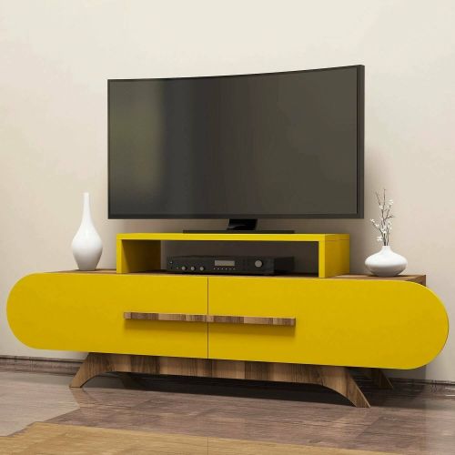 Mobile porta TV Praesepem, Credenza da soggiorno, Armadio basso per TV, Base parete attrezzata, 145x37 h50 cm, Noce e Giallo