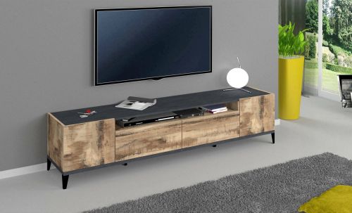 Mobile porta TV Raffaele, Credenza bassa da soggiorno a 2 ante, Base porta TV, 100% Made in Italy, cm 200x40h47, Ardesia e Acero