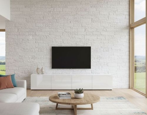 Mobile porta TV Randfontein, Credenza da soggiorno, Armadio basso per TV, Base parete attrezzata, Made in Italy, 225x38h39 cm, Bianco lucido