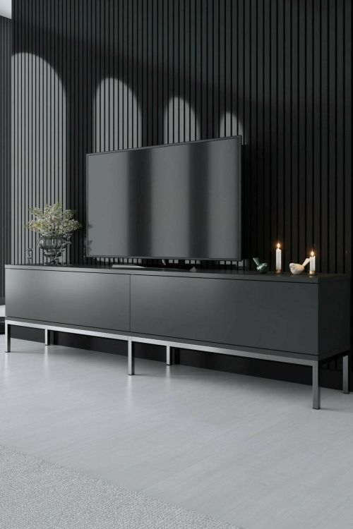 Mobile porta TV Regulus, Supporto per televisione da salotto, Credenza bassa da soggiorno, Base porta TV, 180x30h47 cm, Antracite e Argento