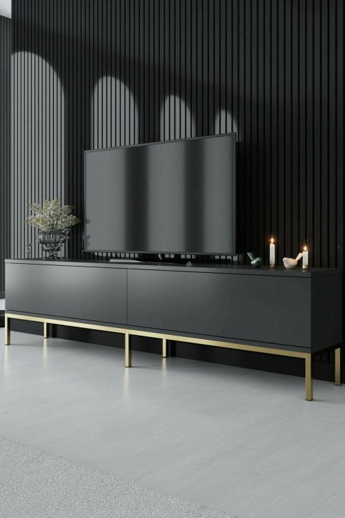 Mobile porta TV Regulus, Supporto per televisione da salotto, Credenza bassa da soggiorno, Base porta TV, 180x30h47 cm, Antracite e Oro