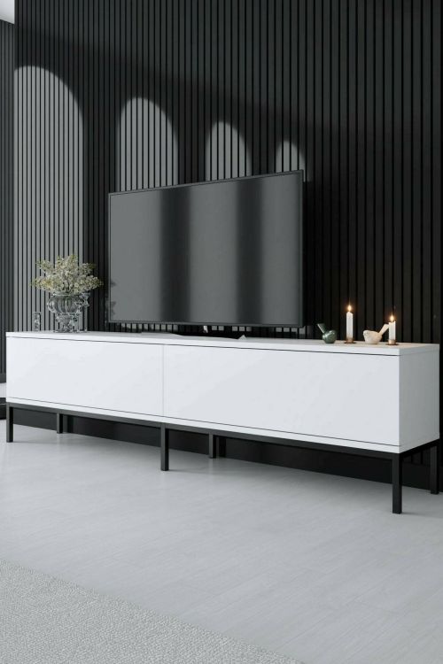 Mobile porta TV Regulus, Supporto per televisione da salotto, Credenza bassa da soggiorno, Base porta TV, 180x30h47 cm, Bianco e Nero