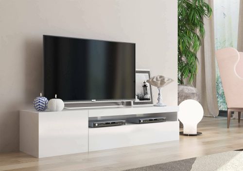 Mobile porta TV Roberto, Credenza bassa da soggiorno a 2 ante, Base porta TV, 100% Made in Italy, cm 150x40h37, Bianco lucido
