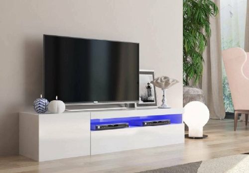 Mobile porta TV Roberto, Credenza bassa da soggiorno a 2 ante, Base porta TV, 100% Made in Italy, cm 150x40h37, Bianco lucido, con luce LED
