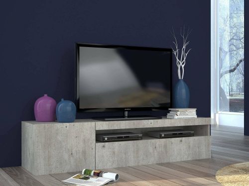 Mobile porta TV Roberto, Credenza bassa da soggiorno a 2 ante, Base porta TV, 100% Made in Italy, cm 150x40h37, Cemento