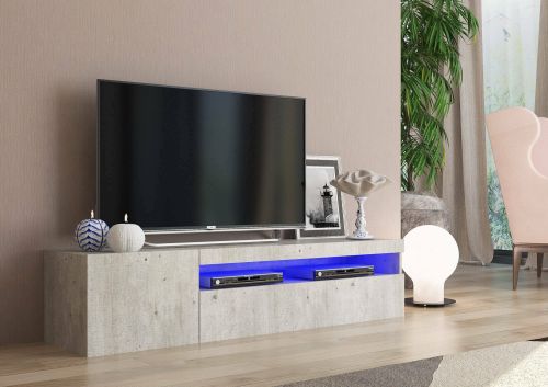 Mobile porta TV Roberto, Credenza bassa da soggiorno a 2 ante, Base porta TV, 100% Made in Italy, cm 150x40h37, Cemento, con luce LED