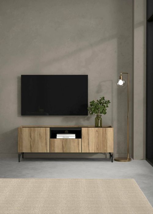 Mobile porta TV Rochele, Credenza da soggiorno, Armadio basso per TV, Base parete attrezzata, 41x147 h54 cm, Quercia e Nero