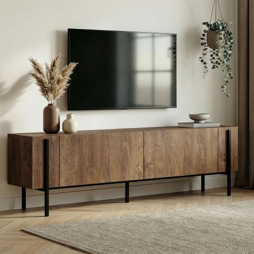 Mobile Porta tv Rovere rustico Nero 2 Ante 4 Vani 180x30x45h cm, Apertura a Ribalta - Noga