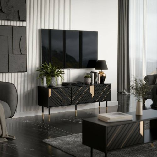 Mobile porta TV Seia, Madia da salotto con tre ante battenti e due vani interni, Rialzato da terra, 154x40 h55 cm, Nero e Oro