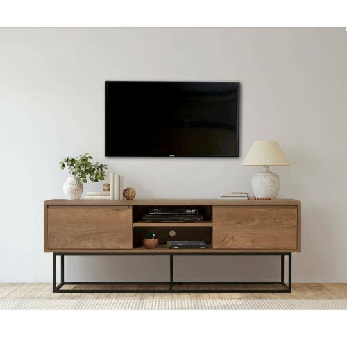 Mobile porta TV Selena, Supporto per televisione da salotto, Credenza bassa da soggiorno, Base porta TV, Noce e Nero, 140x40h50 cm