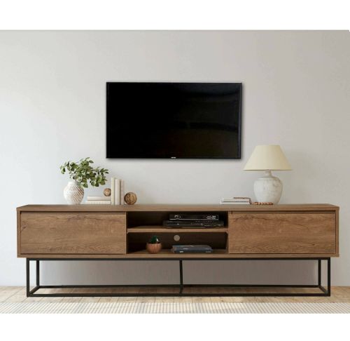 Mobile porta TV Selena, Supporto per televisione da salotto, Credenza bassa da soggiorno, Base porta TV, Noce e Nero, 180x40h50 cm