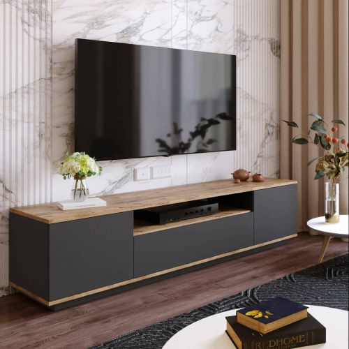 Mobile porta TV Sinope, Supporto per televisione da salotto, Credenza bassa da soggiorno, Base porta TV, 180x45h45 cm, Quercia e Antracite