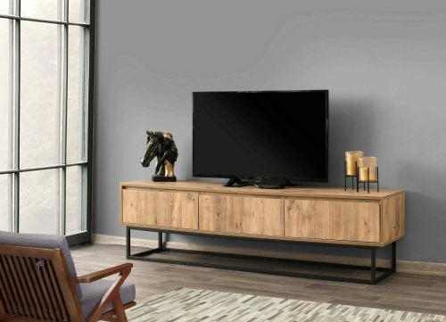 Mobile porta TV Suhail, Supporto per televisione da salotto, Credenza bassa da soggiorno, Base porta TV, Quercia e Nero, 180x40h50 cm