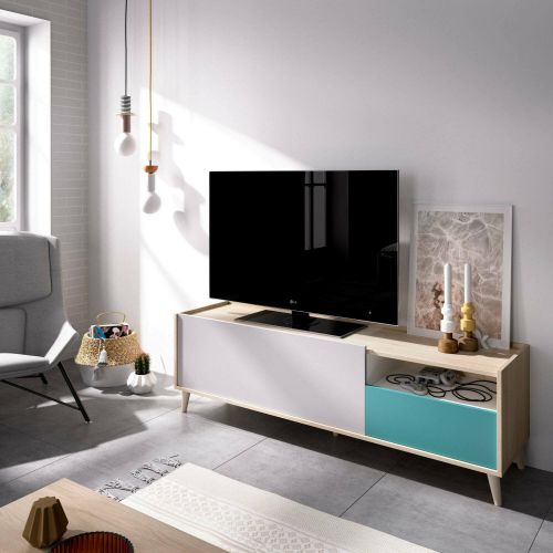Mobile porta TV Tamaro, Credenza bassa da soggiorno, Madia da salotto per televisione, 155x43h47 cm, Rovere e Grigio
