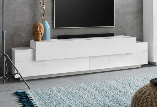 Mobile porta TV Teo, Credenza bassa da soggiorno, Base porta TV, 100% Made in Italy, cm 200x45h52, Bianco lucido