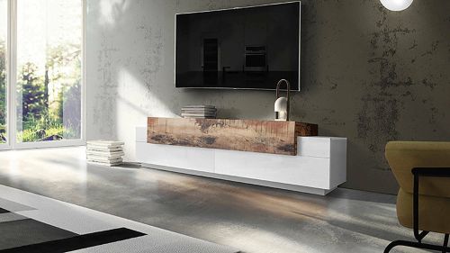 Mobile porta TV Teo, Credenza bassa da soggiorno, Base porta TV, 100% Made in Italy, cm 200x45h52, Bianco lucido e Acero