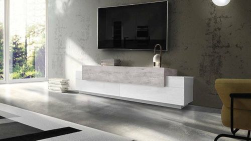 Mobile porta TV Teo, Credenza bassa da soggiorno, Base porta TV, 100% Made in Italy, cm 200x45h52, Bianco lucido e Cemento