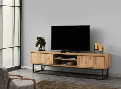 Mobile porta TV Themis, Supporto per televisione da salotto, Credenza bassa da soggiorno, Base porta TV, Nero e Quercia, 180x40h50 cm