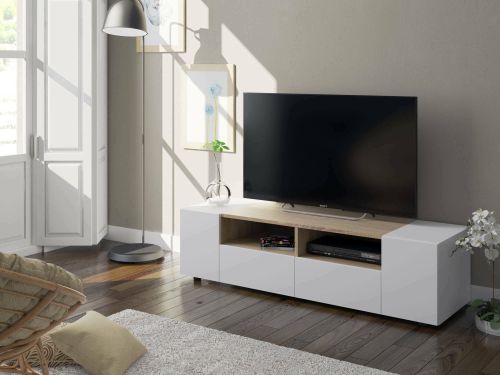 Mobile porta TV Topeka, Credenza per televisione da soggiorno, Supporto per TV moderno, Credenza bassa multiuso, 138x42h36 cm, Bianco e Rovere