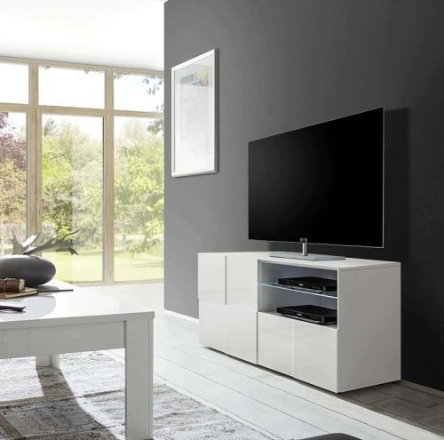 Mobile porta TV Trasimeno, Credenza da soggiorno, Armadio basso per TV, Base parete attrezzata, Made in Italy, 122x43 h57 cm, Bianco lucido