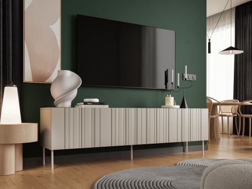 Mobile porta TV Trofa, Madia da salotto con quattro ante battenti e quattro vani interni, Rialzato da terra, 201x42 h60 cm, Beige